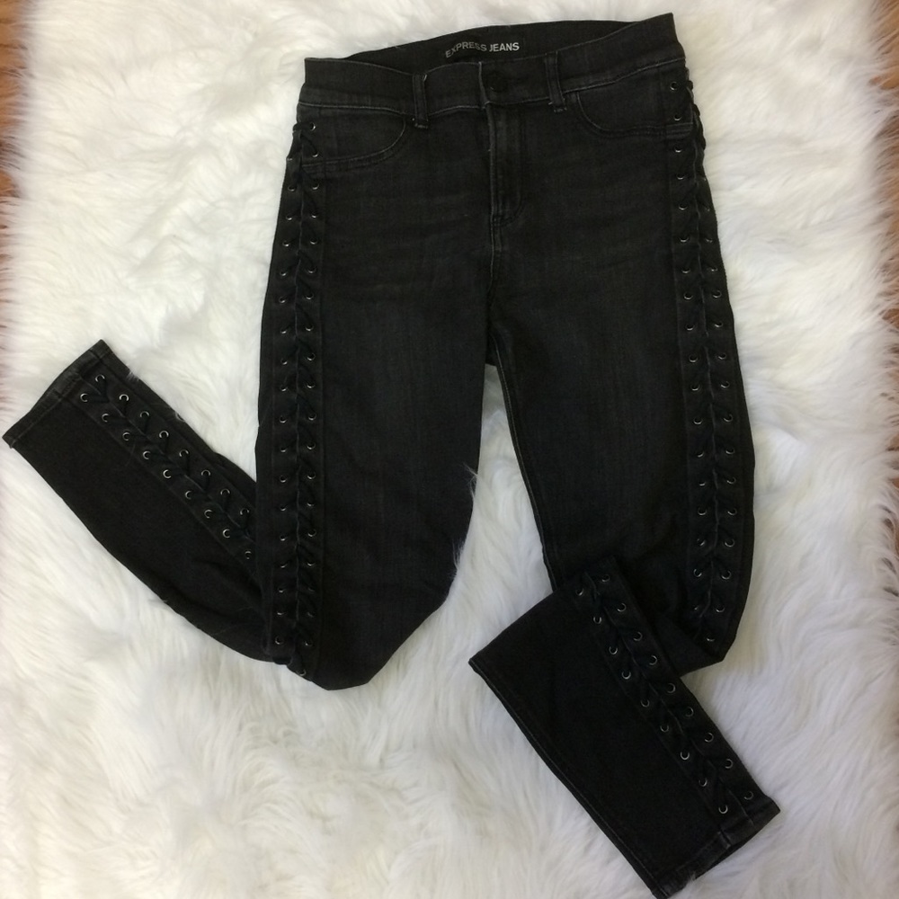 High Rise Black Lace-Up Skinny Jeans
